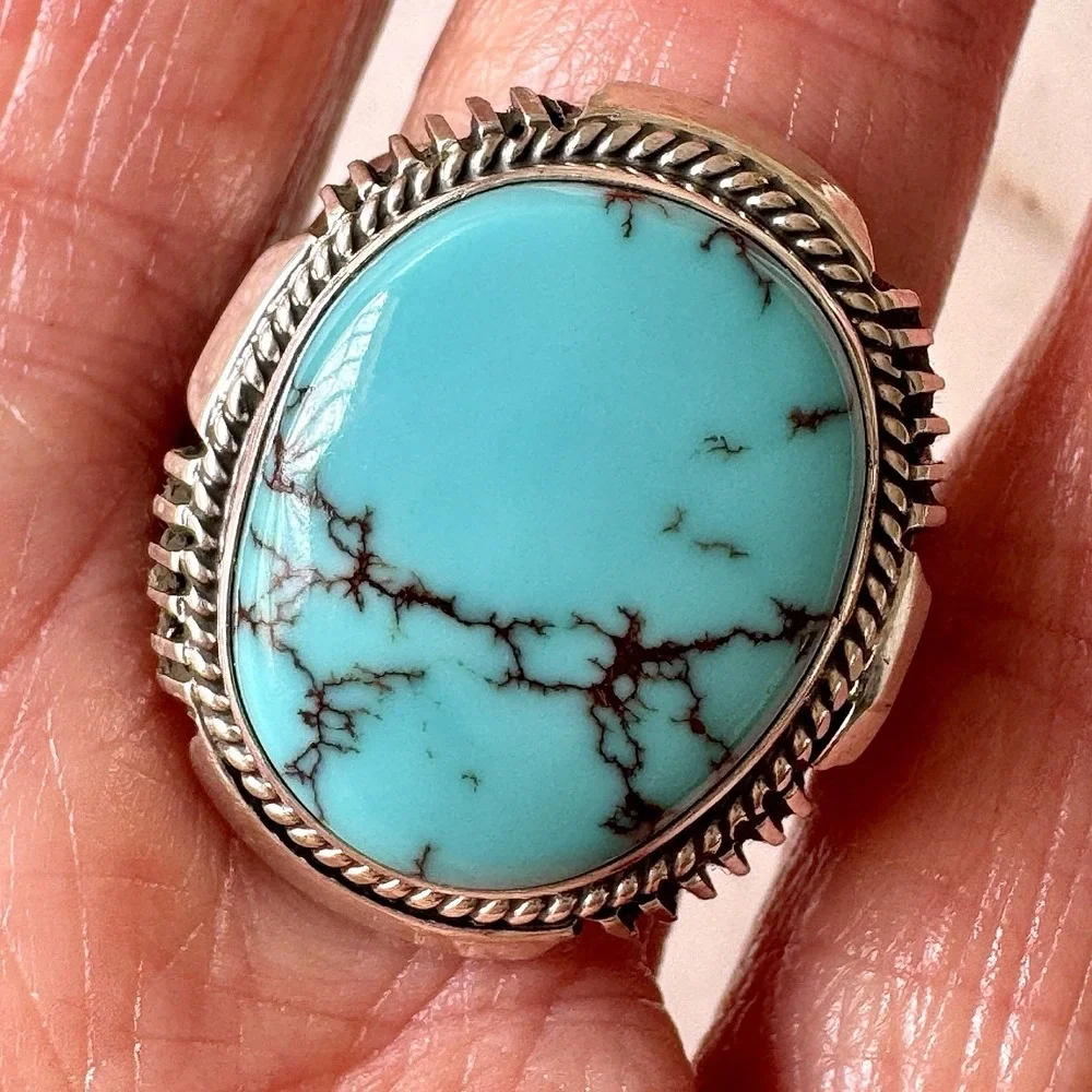 Big Navajo Mens Turquoise Ring Sz 10 Lightning Signed Denetdale Sterling Native